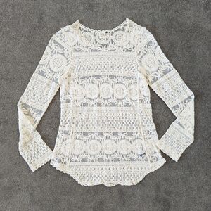 L.A. Hearts Women's Lace Sheer Blouse Size XS Cream Romantic Scallop Hem